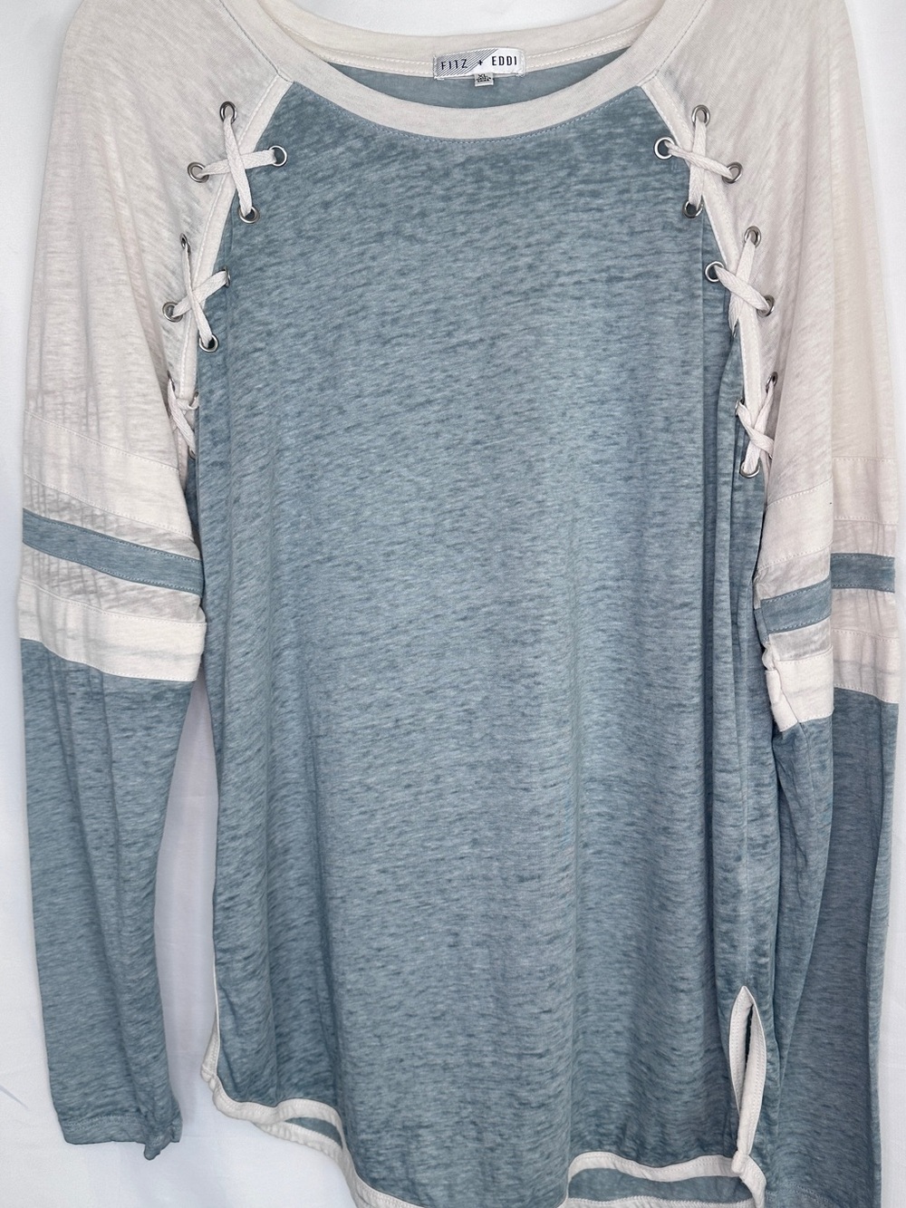 Fitz + Eddy Blue and Cream Lace-Up Raglan Long Sleeve Tee